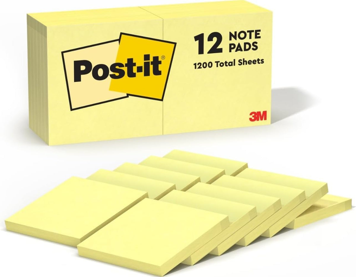 Post-it Notes, 3 x 3 in, The Iconic Canary Yellow Note, 12 Pads