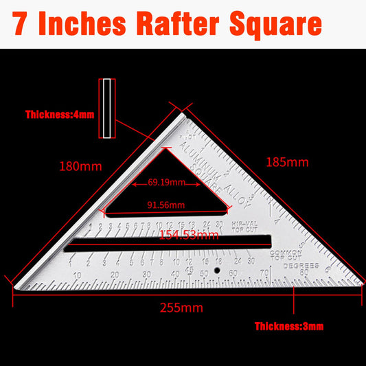 7 Inch Aluminum Rafter Square - Double-Sided Engraved Scales, Precision Carpentry Tool for Woodworking, Roof Pitch & Angle Marking