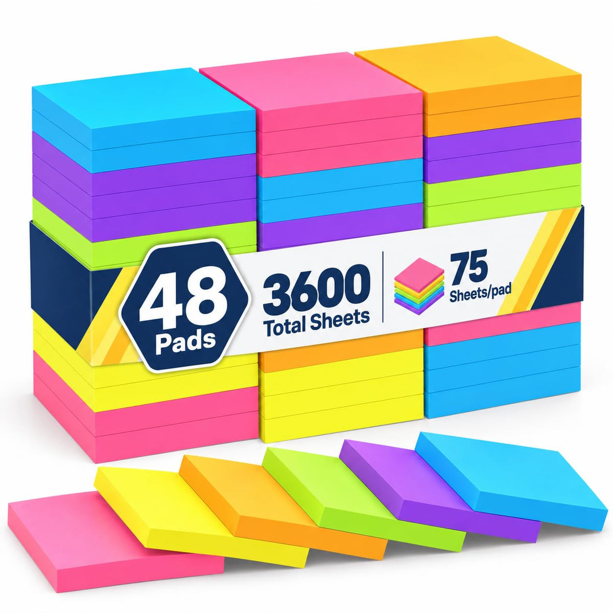 (3600 Sheets) Sticky Notes 3x3 Inch, 48 Pads, 75 Sheets/Pad, 6 Colors