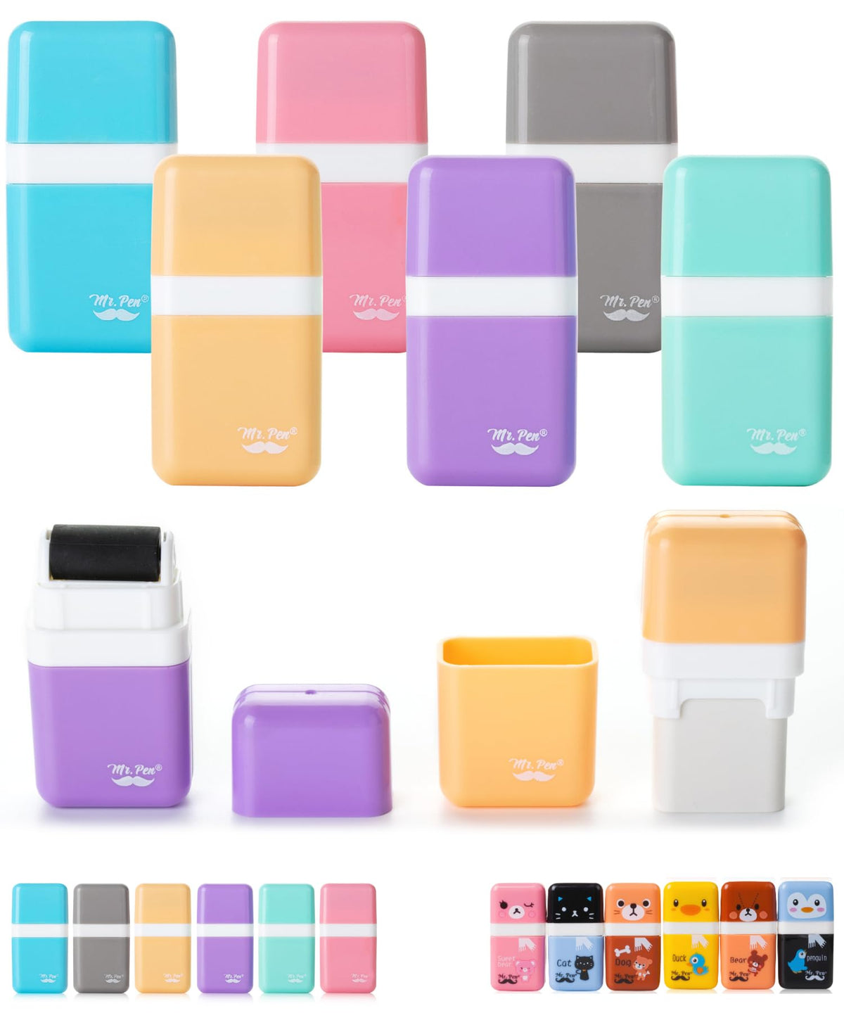Mr. Pen- Eraser with Cover and Roller, 6 Pack, Animal Theme
