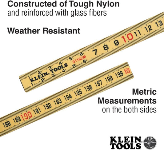 Klein Tools 91162M Folding Ruler, 6-Foot, Fiberglass, Metric Graduation, Outside Reading, for Woodworking, Metalworking, and DIY Projects