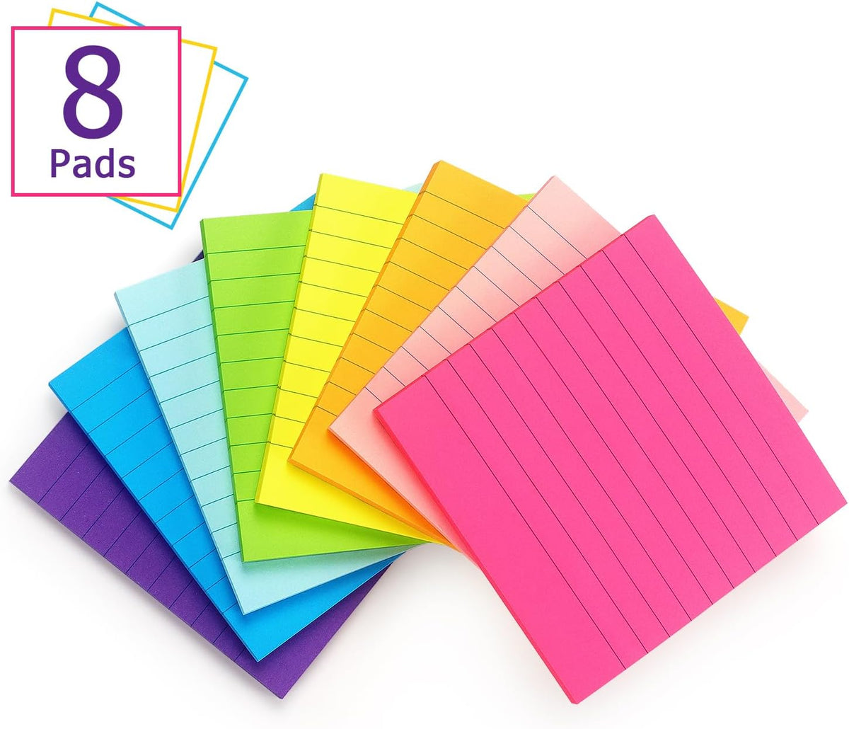 Eastern Wolf Lined Sticky Notes, 4x4in, 8 Bright Colors Pads, 50 Sheets/Pad