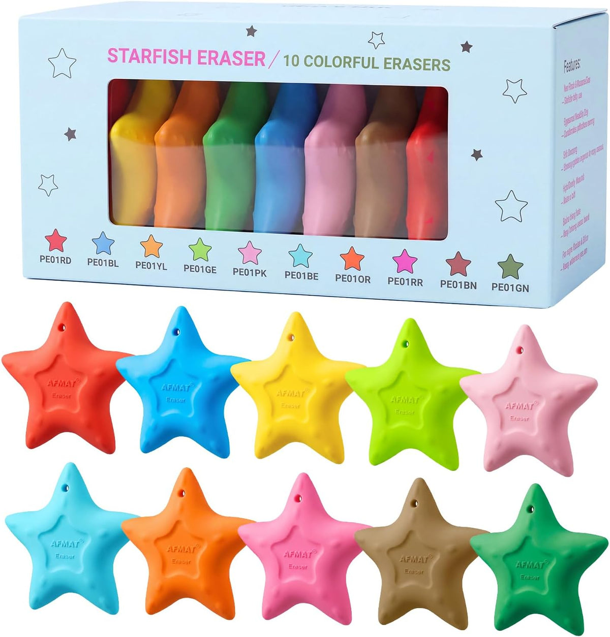 AFMAT PE14 Starfish-Shaped Pencil Erasers, Cute Erasers for Kids, 10 Colors