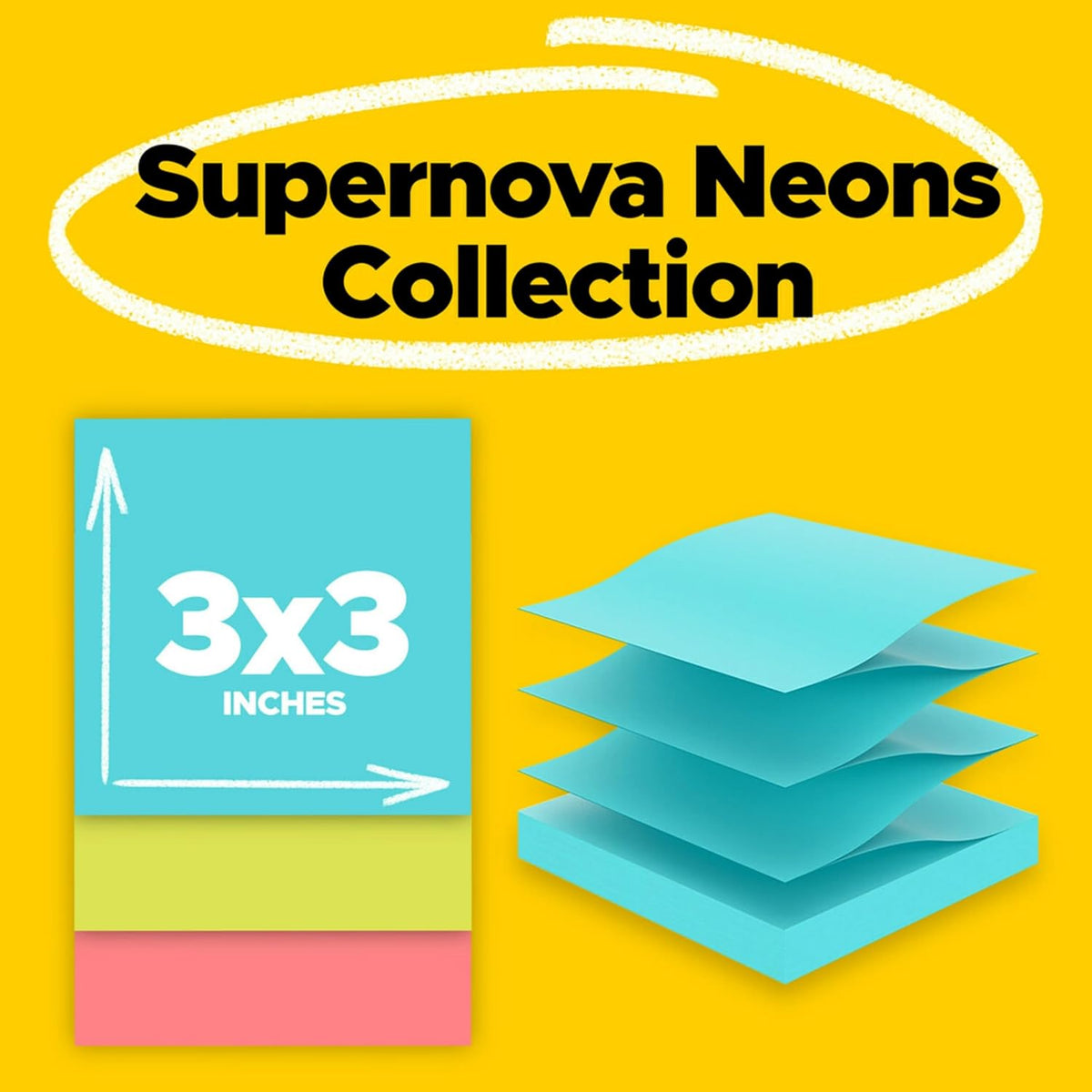 Post-it Super Sticky Dispenser Notes, 3 x 3 in, Supernova Neons, 10 Pads