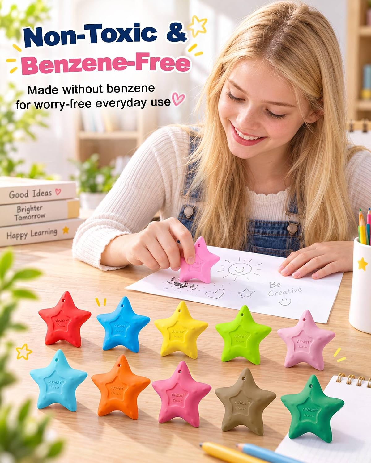 AFMAT PE14 Starfish-Shaped Pencil Erasers, Cute Erasers for Kids, 10 Colors