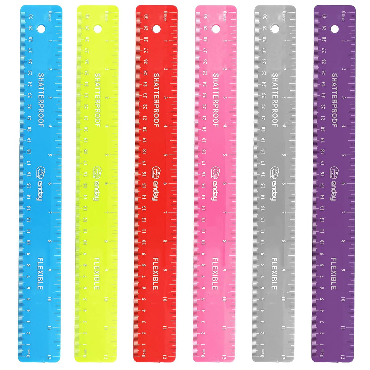 Emraw 12 inches (30 cm) Shatterproof Flexible Rulers Designed in Black, Blue, Green, Pink, Purple, and Orange - Great for School, Home, & Office – (6 Pack)