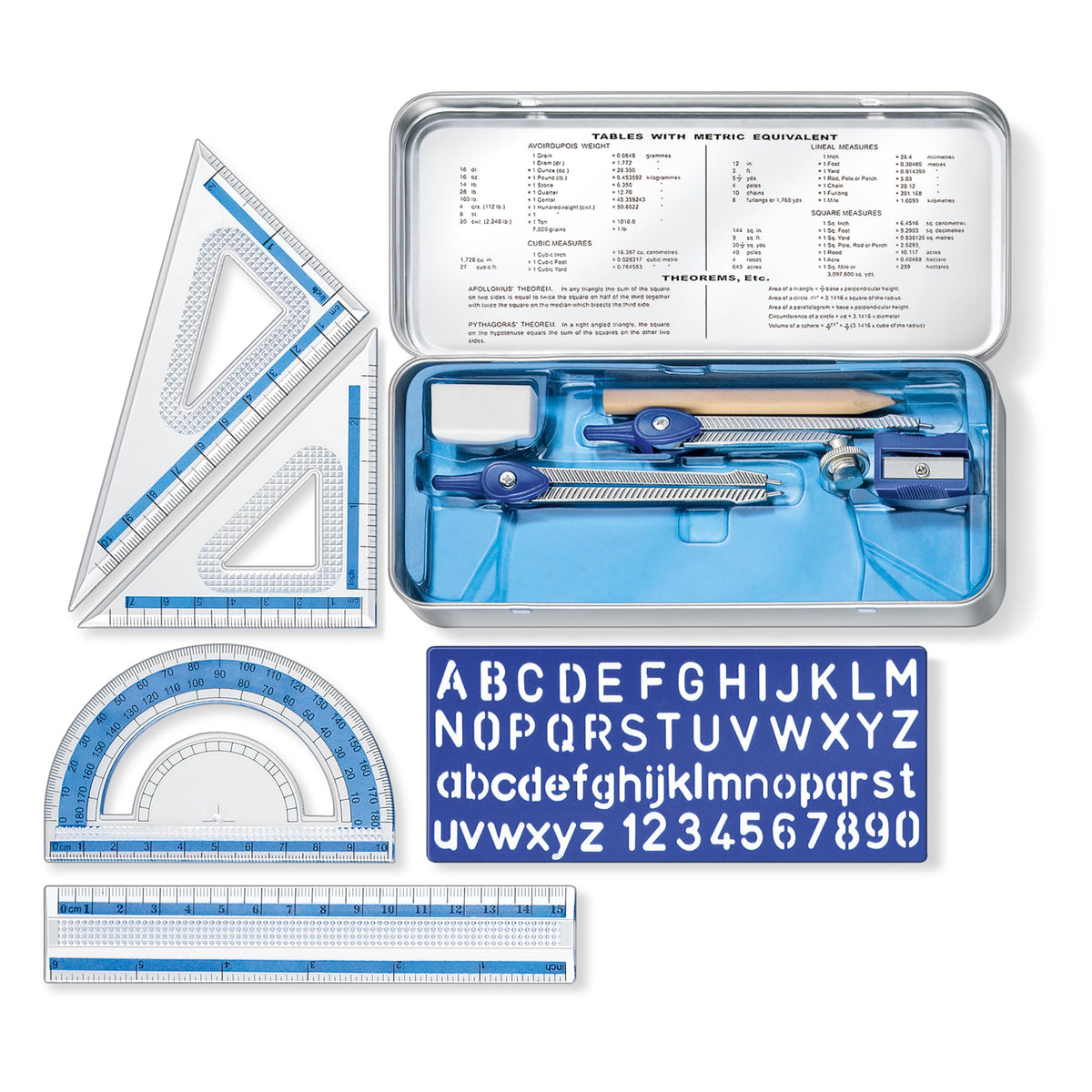 STAEDTLER 10-Piece Math Set with Metal Compass, 6" Ruler & Triangle Squares, 45° & 30/60° Set Squares, Alphabet Stencil - Measuring Tools