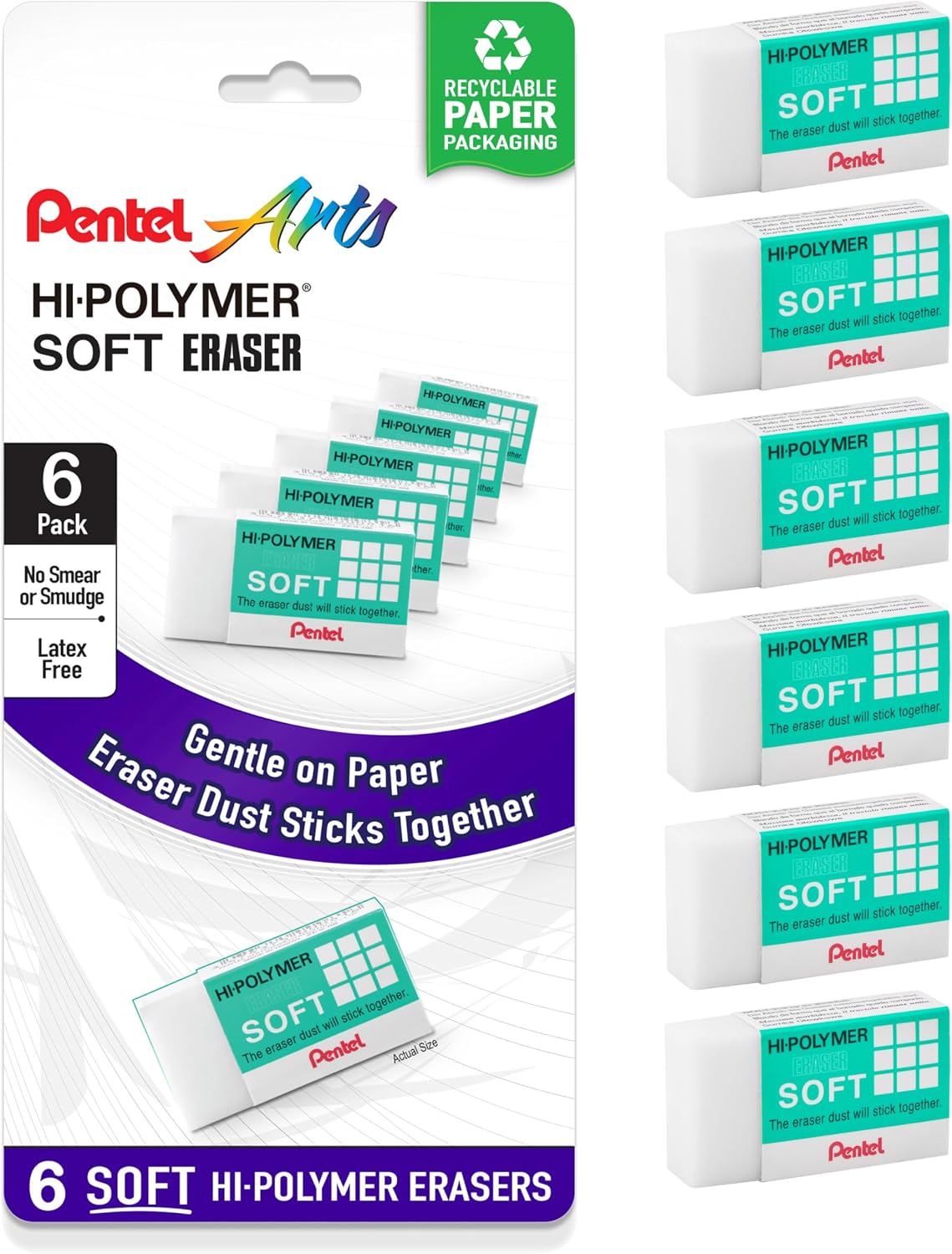 Pentel Hi-Polymer Soft Eraser, Pack of 6 (ZES08PF6)