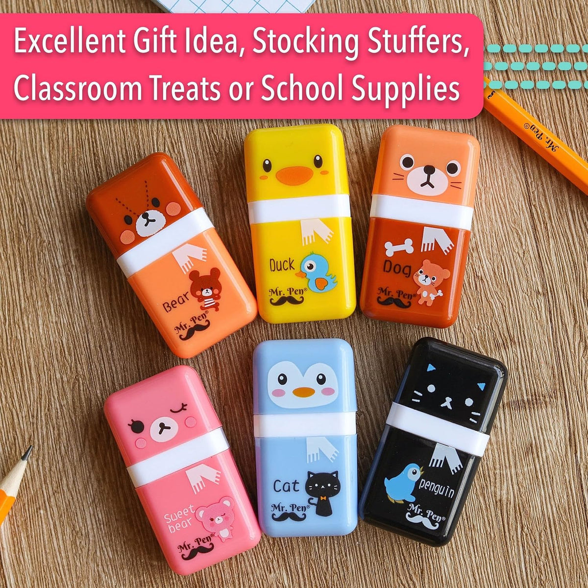 Mr. Pen- Eraser with Cover and Roller, 6 Pack, Animal Theme