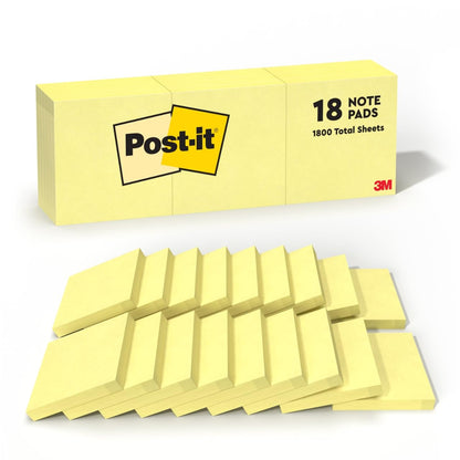 Post-it Notes, 3 x 3 in, The Iconic Canary Yellow Note, 18 Pads