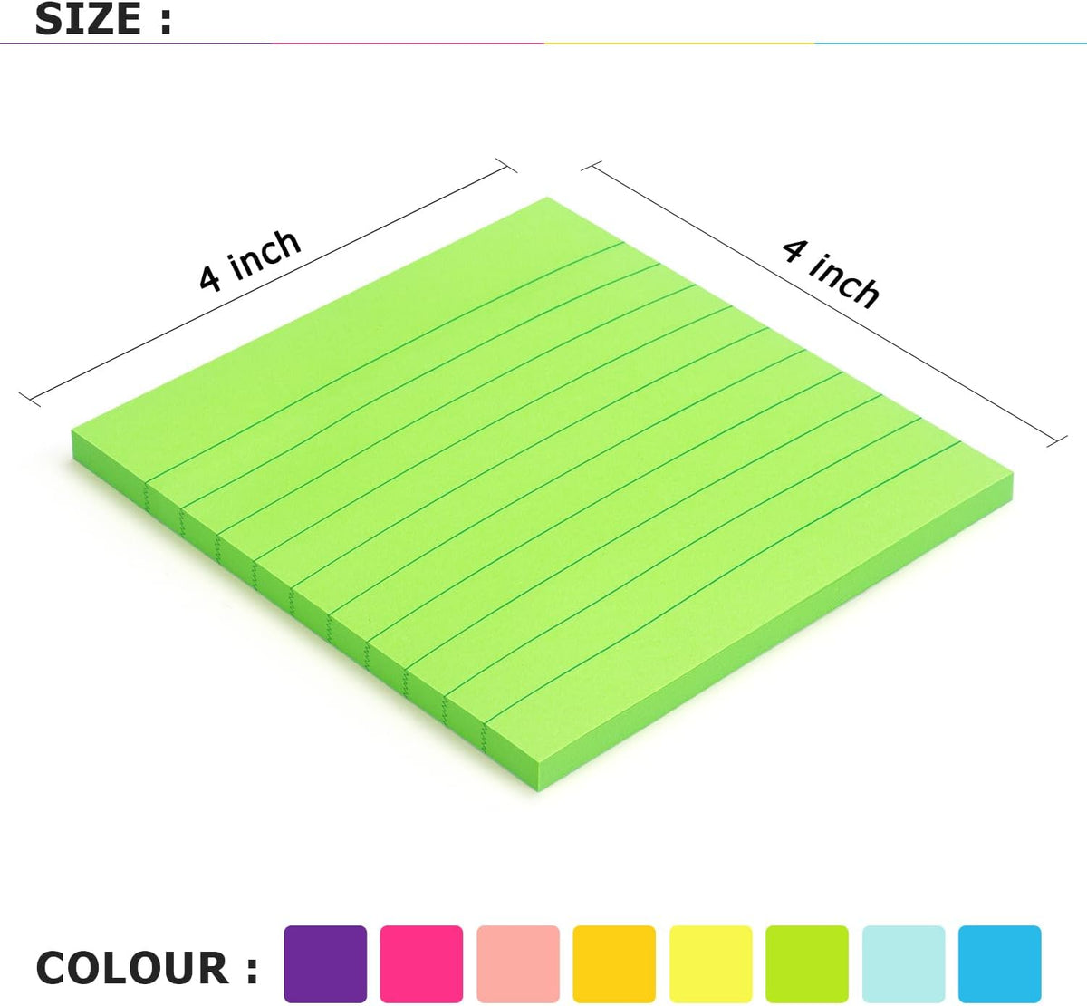 Eastern Wolf Lined Sticky Notes, 4x4in, 8 Bright Colors Pads, 50 Sheets/Pad