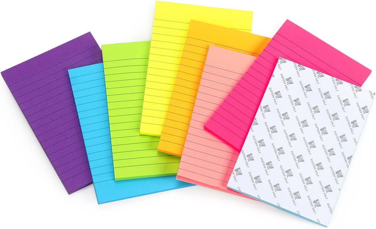Eastern Wolf Lined Sticky Notes 4x6 in, 8 Bright Multicolors, 35 Sheets/Pad