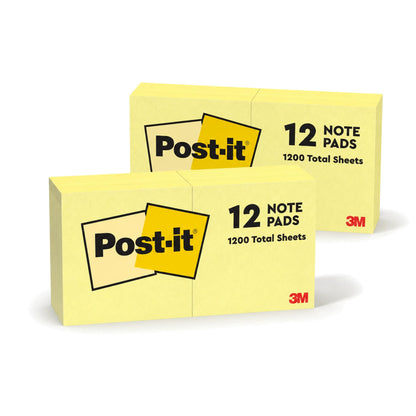 Post-it Notes, 3 x 3 in, The Iconic Canary Yellow Note, 12 Pads