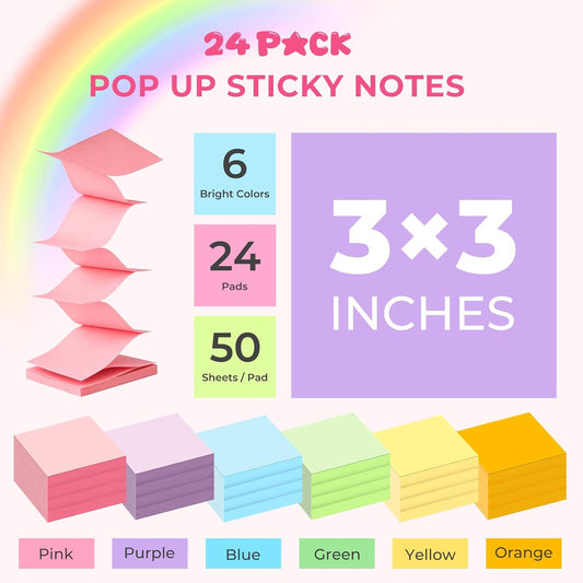 Pop Up Sticky Notes 3x3 Refills, 24 Pads Bulk, 6 Bright Colors, Accordion Memo Pads for Dispenser, Home Office School, 50 Sheets/Pad