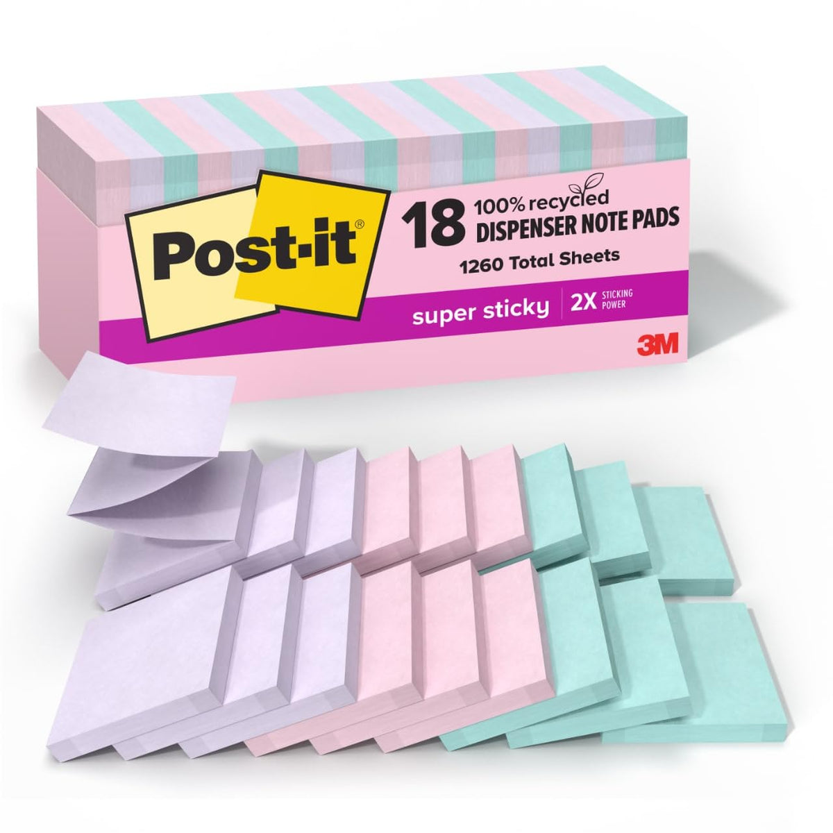 Post-it 100% Recycled Paper Super Sticky Pop-up Notes, 2X the Sticking Power, 3x3 in, 6 Pads/Pack, Wanderlust Pastels Collection