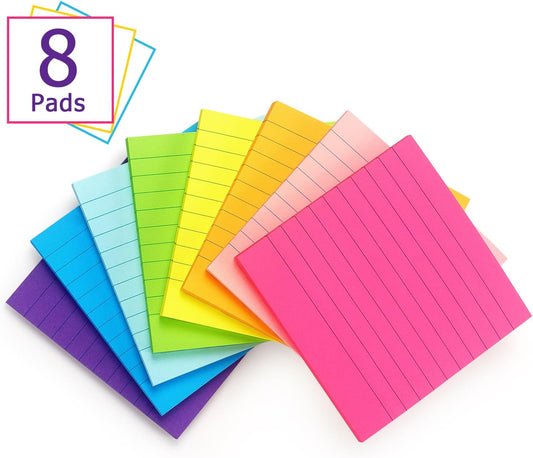 Eastern Wolf Lined Sticky Notes, 4x4in, 8 Bright Colors Pads, 50 Sheets/Pad