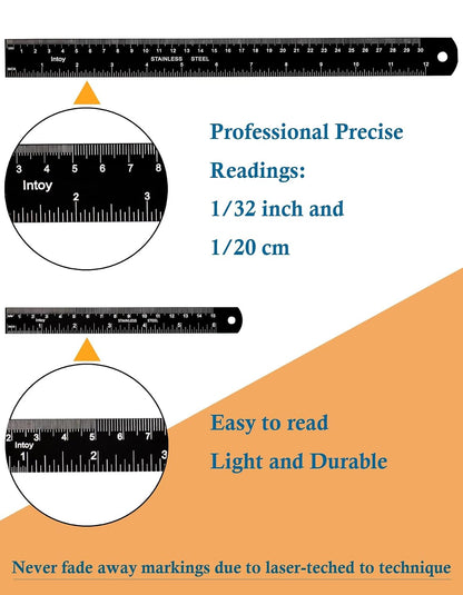Metal Ruler Kit 12 Inch and 6 Inch, Stainless Steel Rulers with Centimeters, Millimeters, Inches and Conversion Table for Office and School, Easy to Read Metric Rule Set, 2 Pack