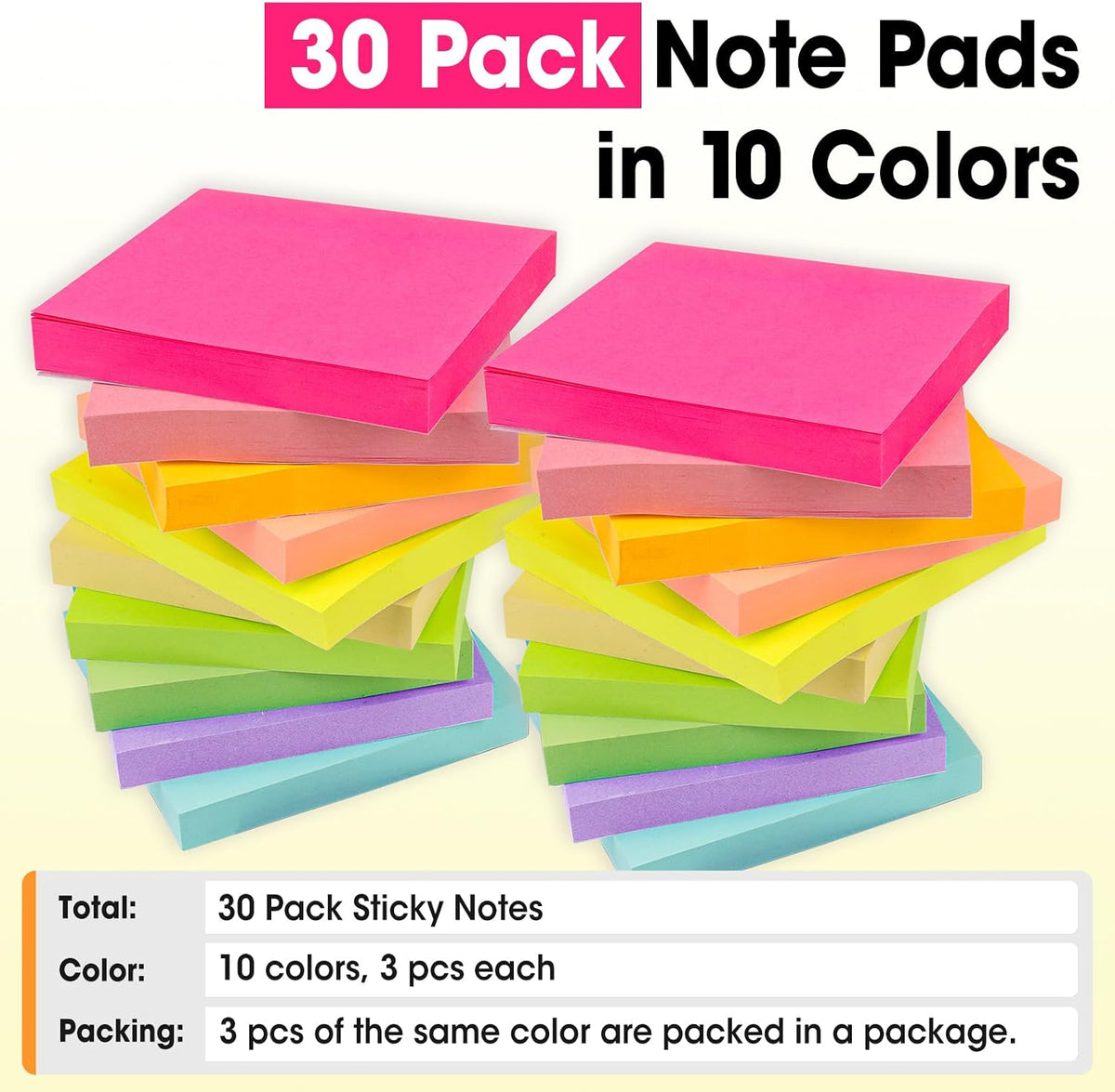 30 Pads Sticky Notes 3x3, Self-Stick Pads Bulk Bright Colors, School Supplies, Office Products, 50 Sheet/Pad