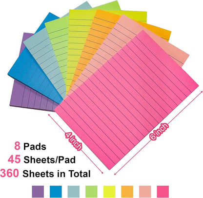 Lined Sticky Notes 4x6 in Post, Bright Colors, 8 Pads