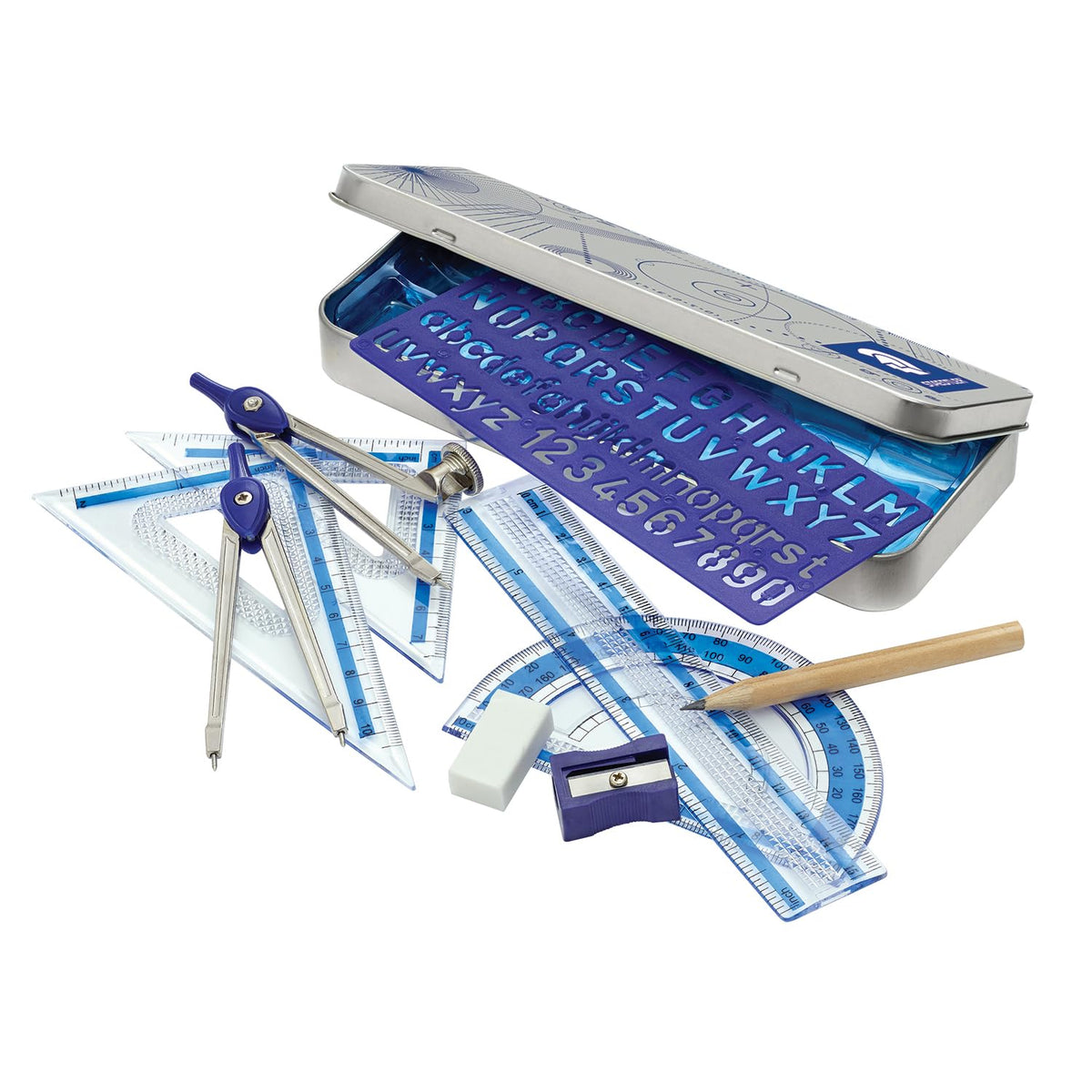 STAEDTLER 10-Piece Math Set with Metal Compass, 6" Ruler & Triangle Squares, 45° & 30/60° Set Squares, Alphabet Stencil - Measuring Tools