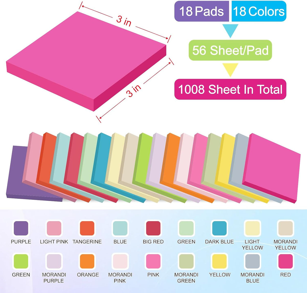 Sticky Notes 1008 Sheets - 18 Pack of 18 Vibrant Colors | Super Sticky Adhesive | Easy to Post for Office, School, Organizing (Rectangle)