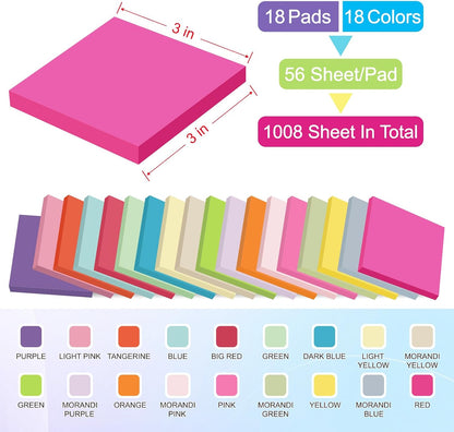 Sticky Notes 1008 Sheets - 18 Pack of 18 Vibrant Colors | Super Sticky Adhesive | Easy to Post for Office, School, Organizing (Rectangle)