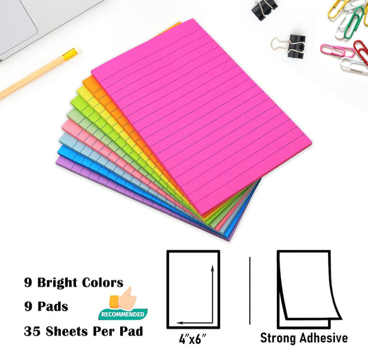 HQCME 9 Pads Lined Sticky Notes 4x6 in, Bright Large Notepads with Lines