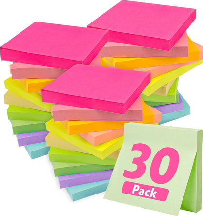 30 Pads Sticky Notes 3x3, Self-Stick Pads Bulk Bright Colors, School Supplies, Office Products, 50 Sheet/Pad