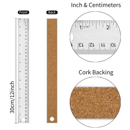 12 Inch Metal Ruler with Cork Backing, Imperial & Metric Markings