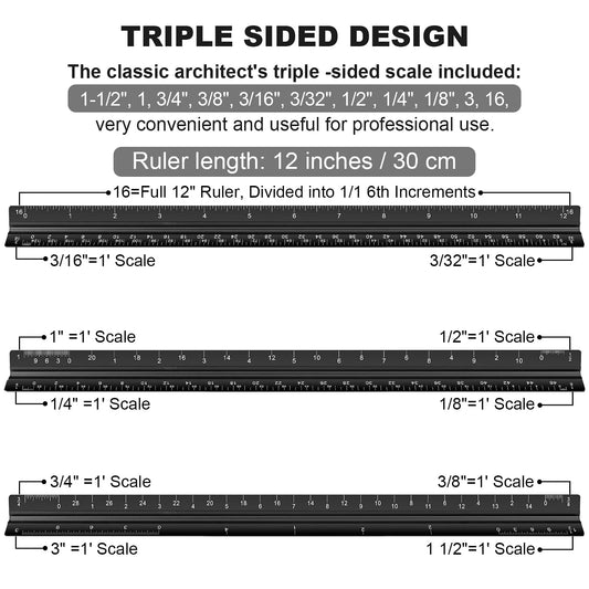 Architectural Scale Ruler, 12 Inch Aluminium Architect Scale Ruler, Imperial Metal Engineers Triangular Ruler for Architects, Students and Draftsmen, Laser Etched Markings