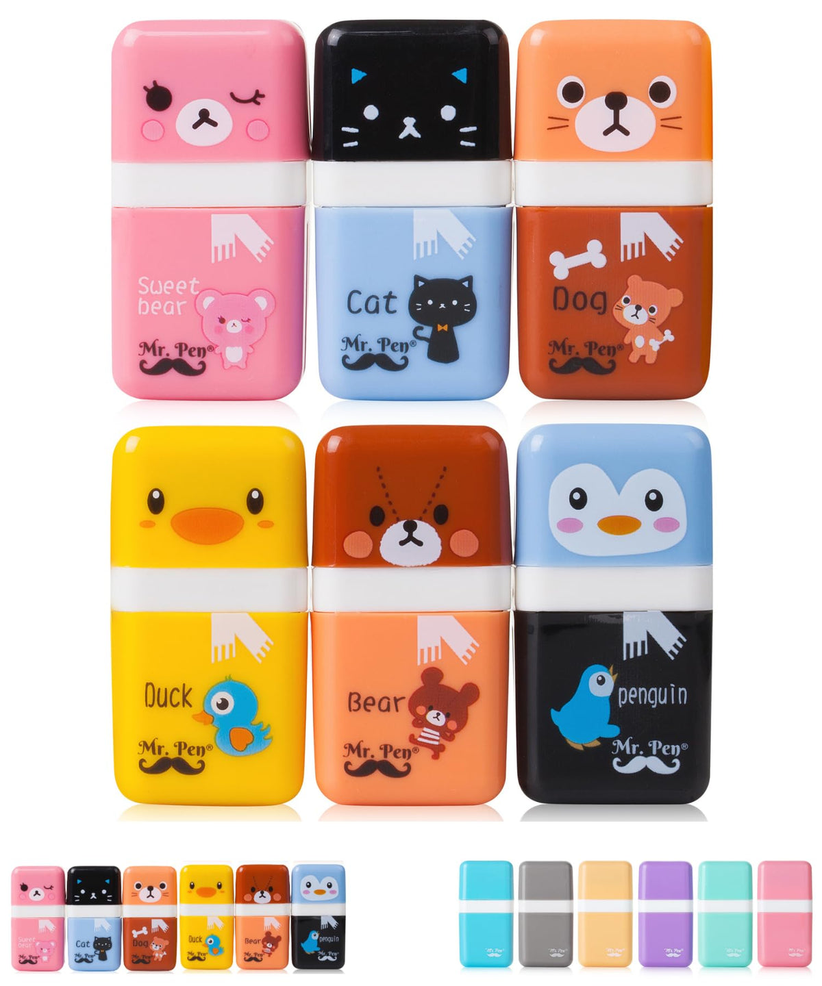 Mr. Pen- Eraser with Cover and Roller, 6 Pack, Animal Theme