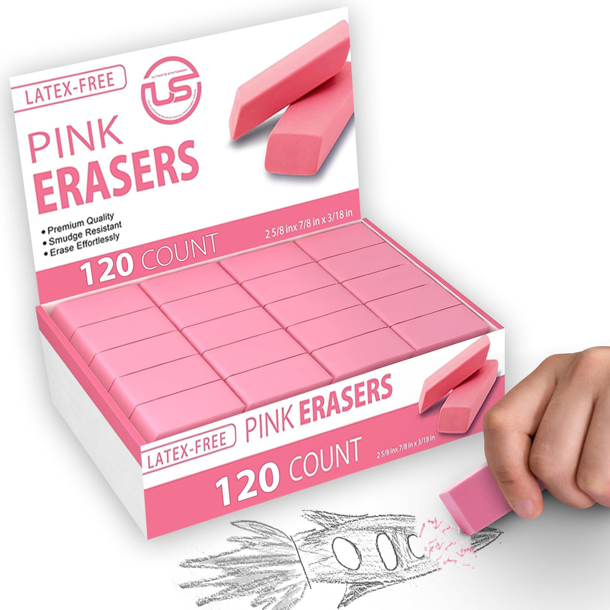 Pink Erasers, 120 Count Rectangular Eraser Bulk Pack, Latex Free Pink Pearl Erasers for School Supplies, Art and Office