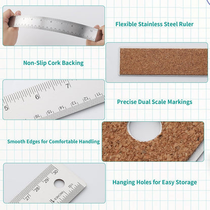 Metal Ruler 6+12+18 Inch Stainless Steel Ruler with Cork Backing