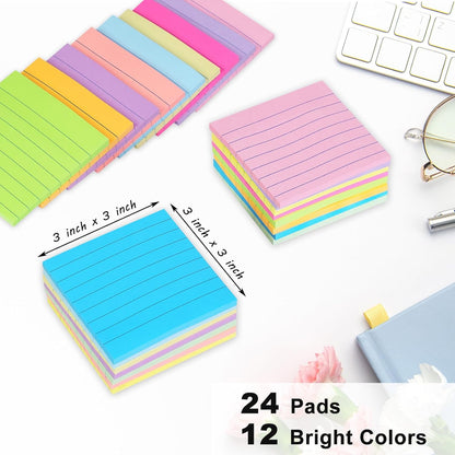 (24 Pack) Lined Sticky Notes 3x3 in, Bright Notepads with Lines, 12 Colors