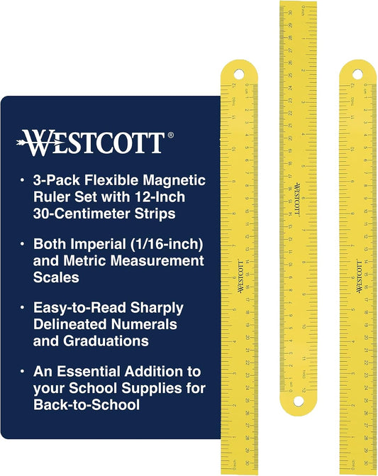 Westcott ‎12 inch Magnetic Flexible Rulers (3 Pack), Yellow, for School, Office, Crafts and DIY, Measuring Tools for Students and Adults