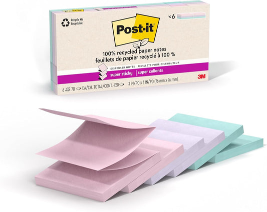Post-it 100% Recycled Paper Super Sticky Pop-up Notes, 2X the Sticking Power, 3x3 in, 6 Pads/Pack, Wanderlust Pastels Collection