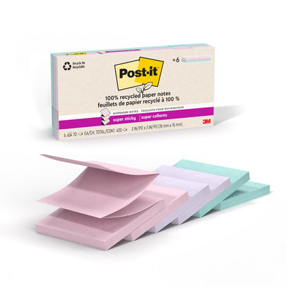 Post-it 100% Recycled Paper Super Sticky Pop-up Notes, 2X the Sticking Power, 3x3 in, 6 Pads/Pack, Wanderlust Pastels Collection