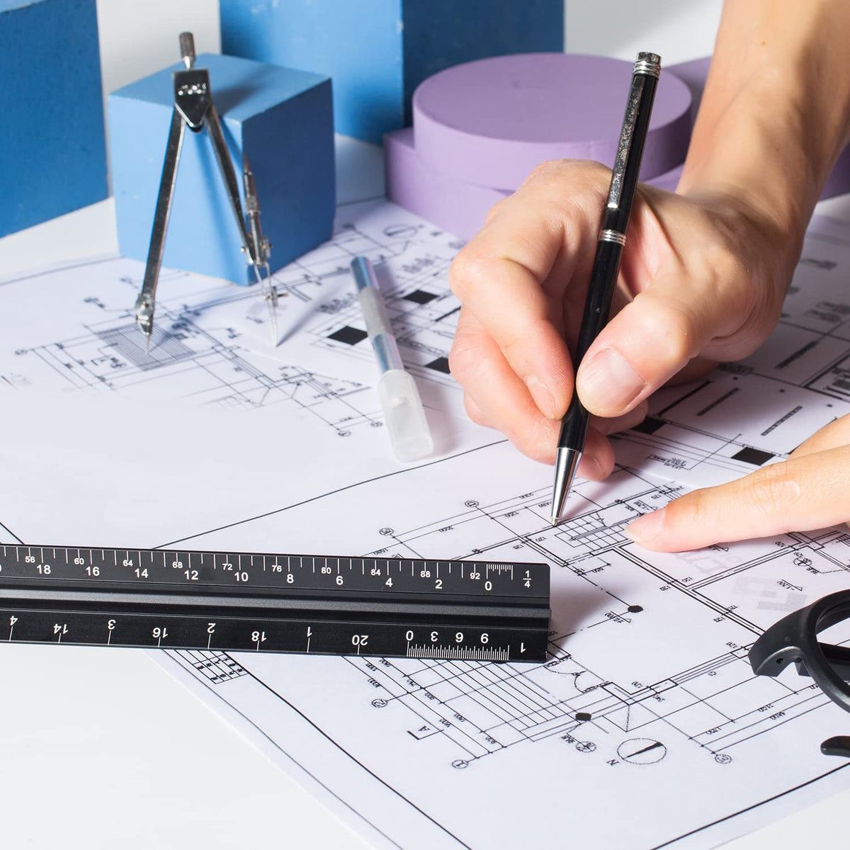 Architectural Scale Ruler, 12 Inch Aluminium Architect Scale Ruler, Imperial Metal Engineers Triangular Ruler for Architects, Students and Draftsmen, Laser Etched Markings