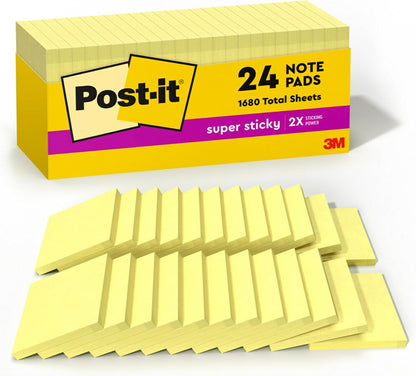 Post-it Super Sticky Notes, 3 x 3 in, Canary Yellow, 24 Pads, 90 Sheets/Pad