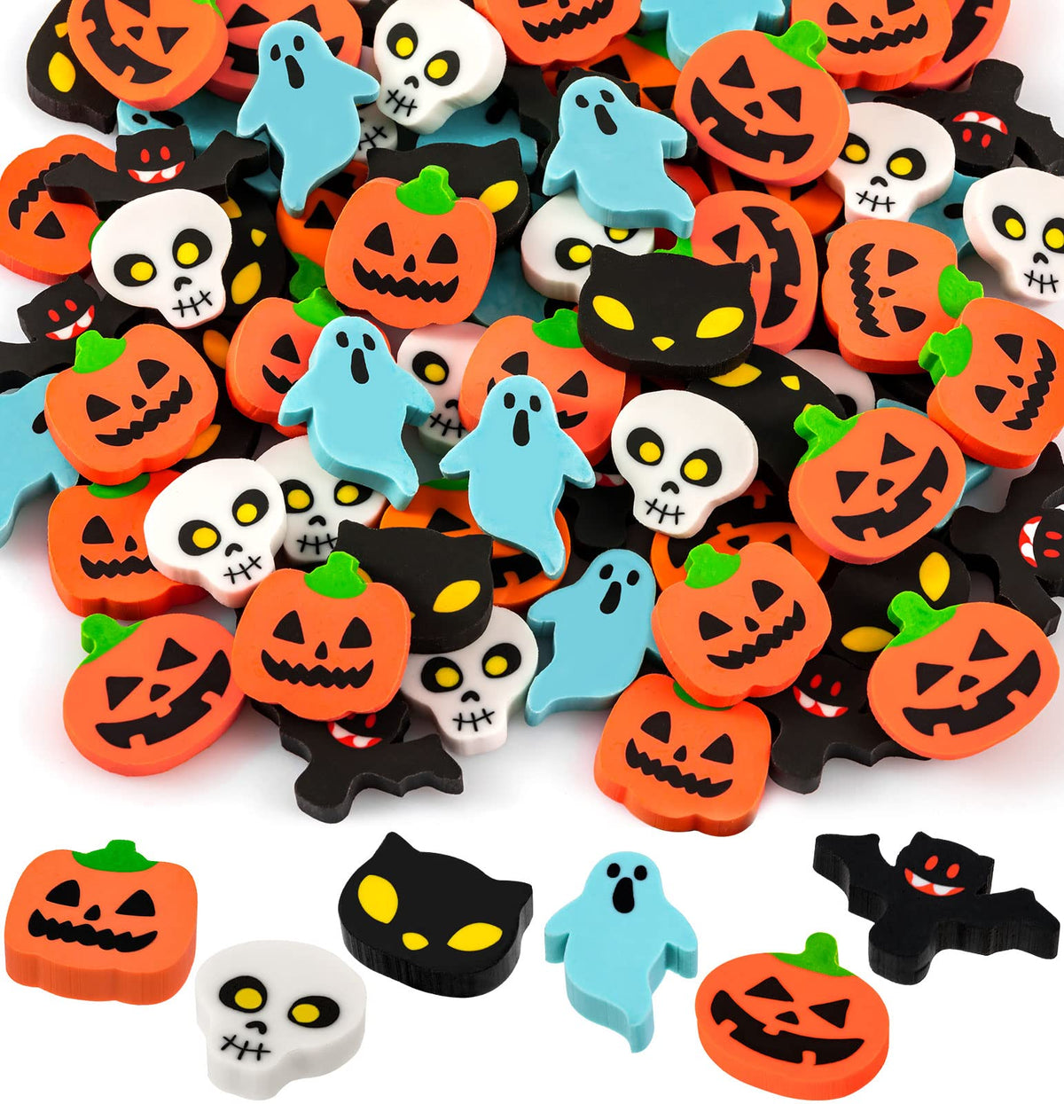 YGAOHF 150 Pack 6 Styles, Fun Pumpkin Ghost Bat Erasers, Cute Mini Erasers