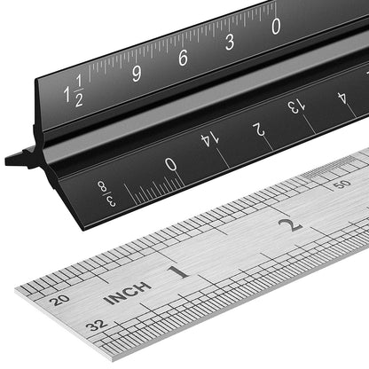 Architectural Scale Ruler, 12 Inch Aluminium Architect Scale Ruler, Imperial Metal Engineers Triangular Ruler for Architects, Students and Draftsmen, Laser Etched Markings
