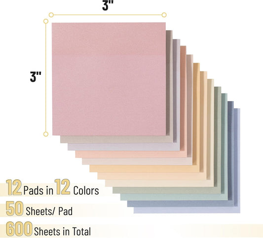 Mr. Pen- Sticky Notes, 3"x3", 12 Pads, 600 Sheets, Soft Vintage Colors