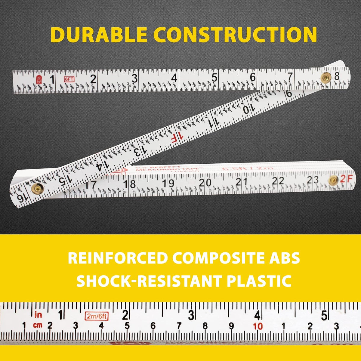 Perfect Measuring Tape Co. FR-72 Carpenter's Folding Rule Lightweight Composite Construction Ruler (Folding Yard Stick) with Easy-Read Inch Fractions - 6.5ft / 2m