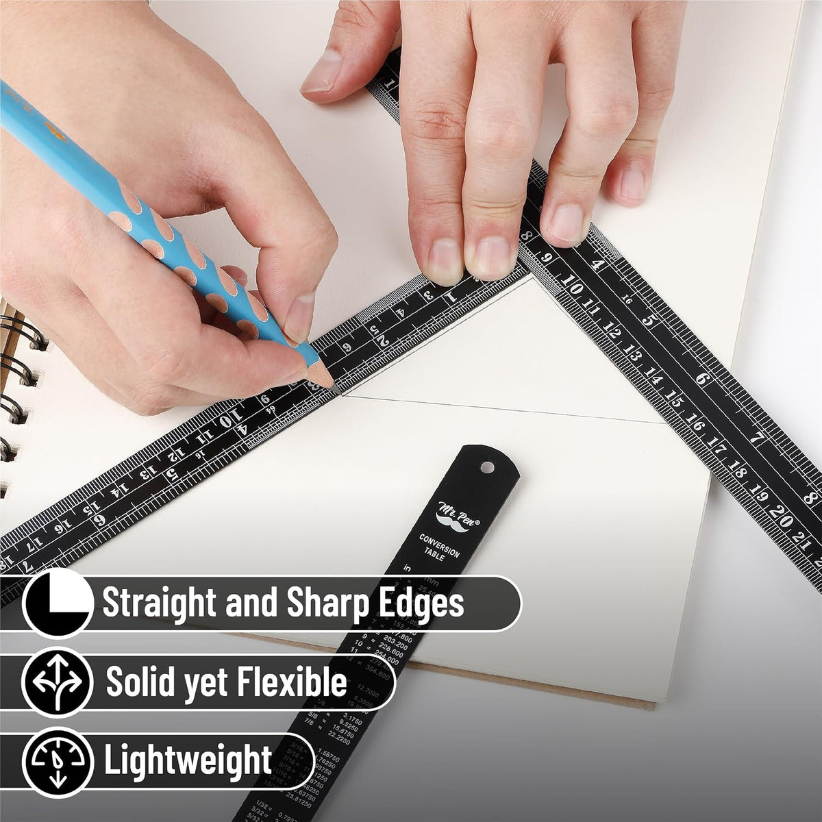 Mr. Pen- Metal Straight Edge Ruler, 4 pcs, 6", 8", 12", 14", Black