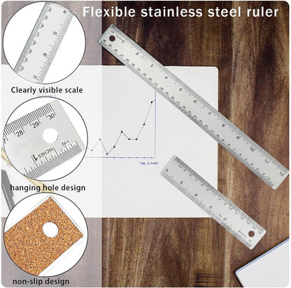 Metal Ruler 6 Inch 12 Inch Stainless Steel Metal Ruler with Cork Backing, Non-Slip Rulers with Inch and Centimeters, Straight Edge Cork Base Rulers for Student School Office Drafting Tools