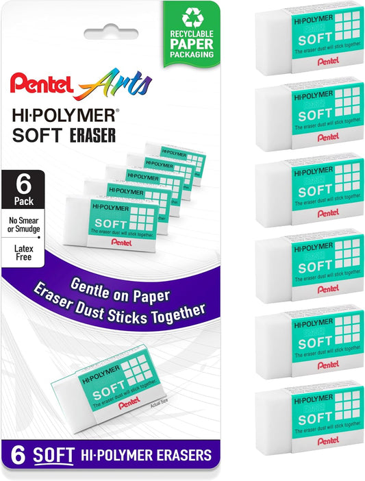 Pentel Hi-Polymer Soft Eraser, Pack of 6 (ZES08PF6)