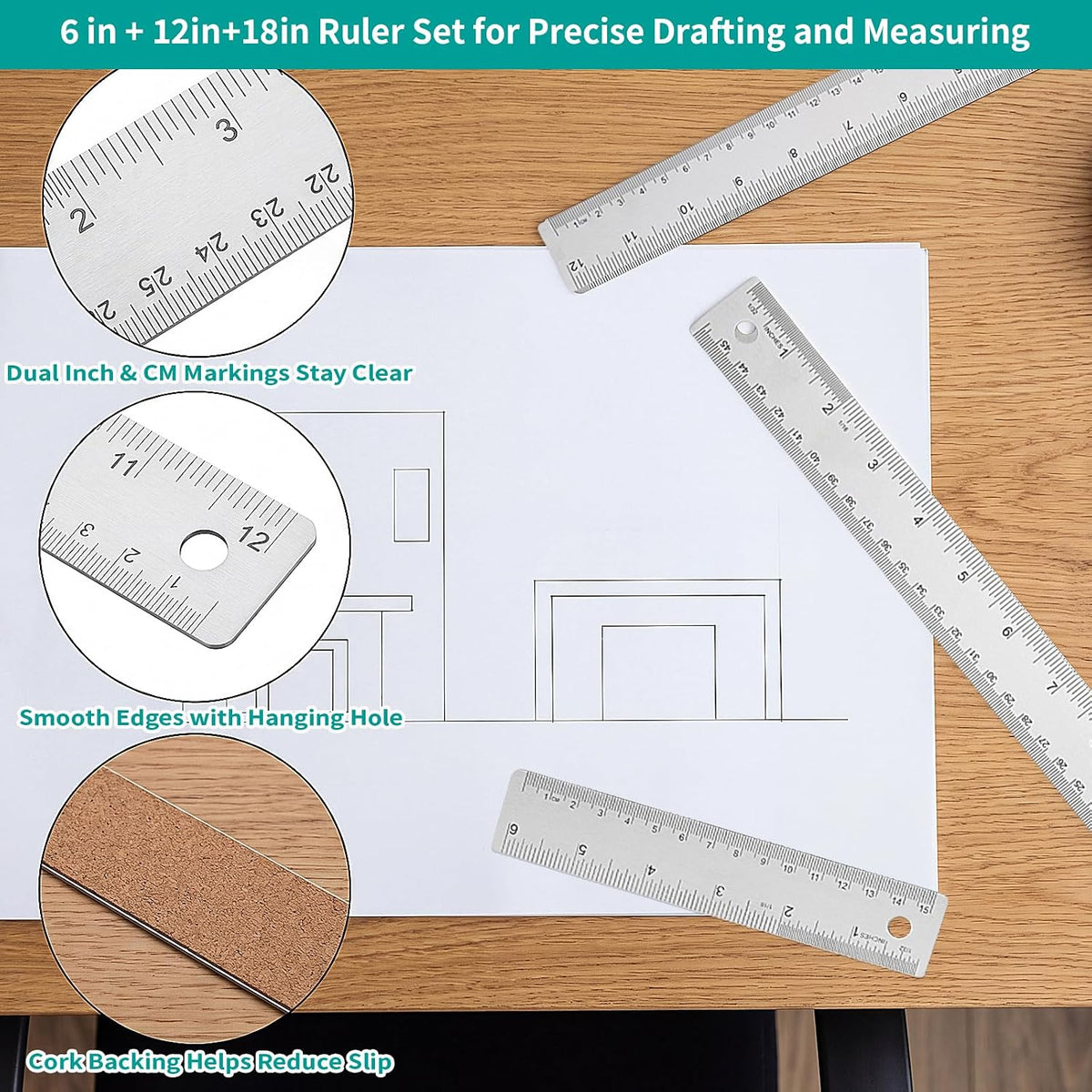 Metal Ruler 6+12+18 Inch Stainless Steel Ruler with Cork Backing