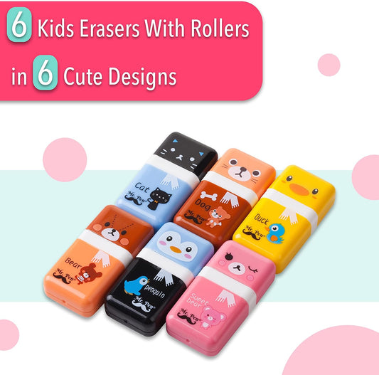 Mr. Pen- Eraser with Cover and Roller, 6 Pack, Animal Theme