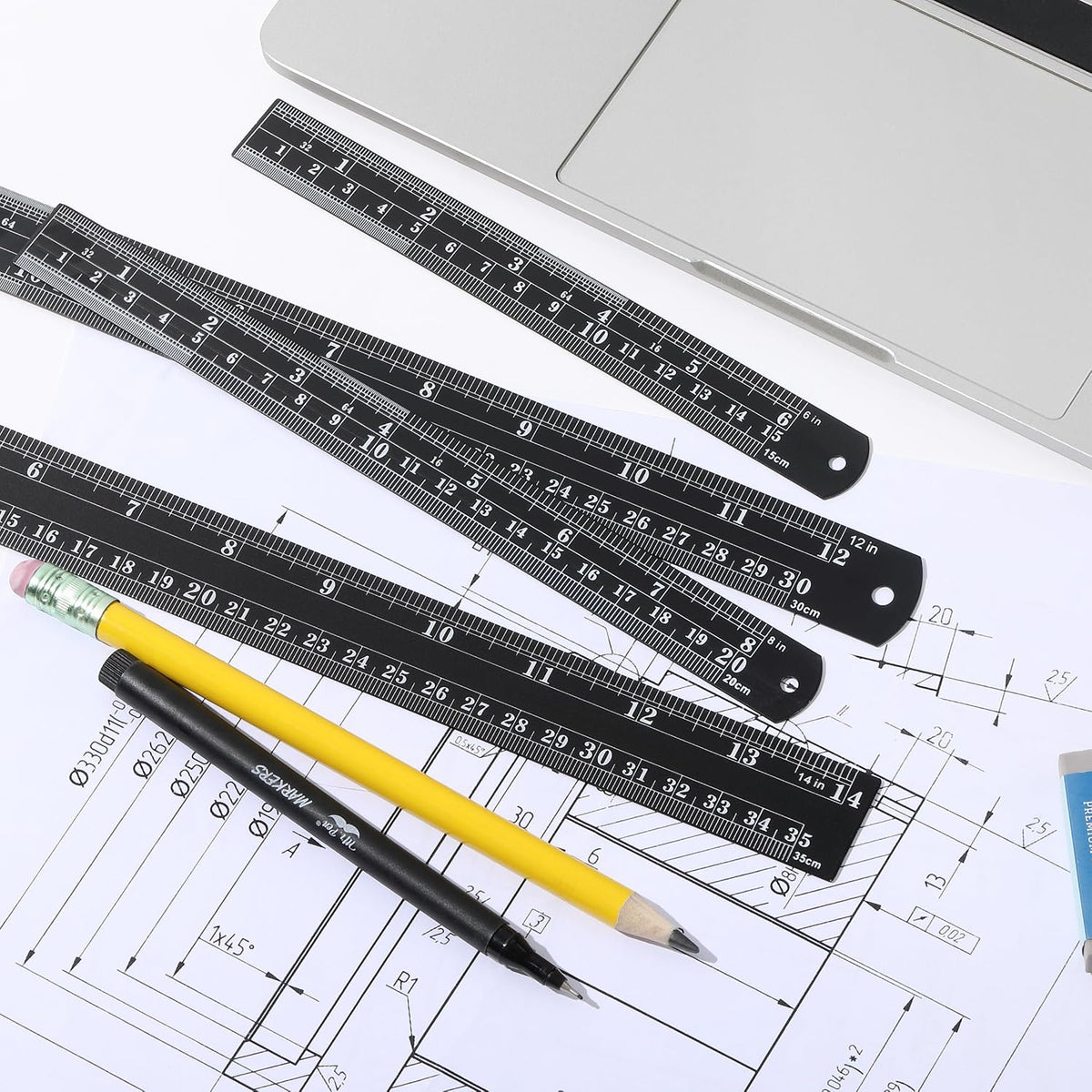 Mr. Pen- Metal Straight Edge Ruler, 4 pcs, 6", 8", 12", 14", Black