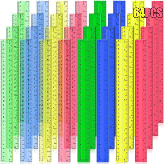 Ruler, 64 Packs 12 Inch Clear Plastic Rulers Bulk for Classroom, Transparent Assorted Color Ruler with Centimeters and Inches, Metric Rulers for Kids, Ideal Back to School Office Home Supplies